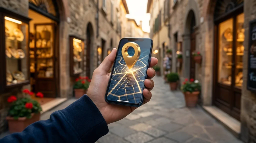 Smartphone con mappa e pin di localizzazione su una via del centro di Imola, farsi trovare su Google Maps