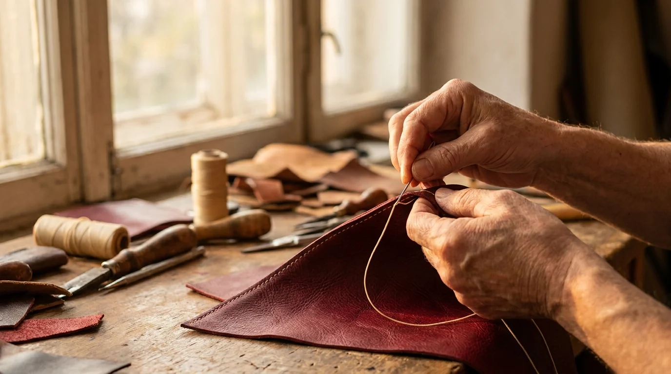 Artigiano cuce a mano la pelle rossa in un laboratorio del lusso Made in Italy