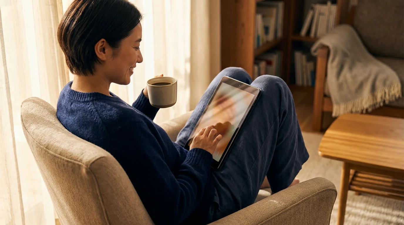 Il piacere di leggere un contenuto utile: una persona legge un articolo su tablet