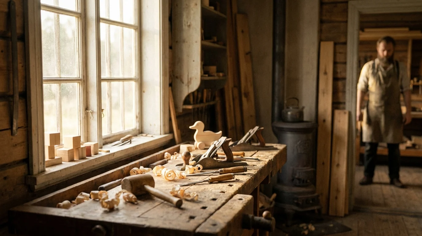 Bottega di falegnameria scandinava anni Trenta, banco da lavoro con pialla e trucioli