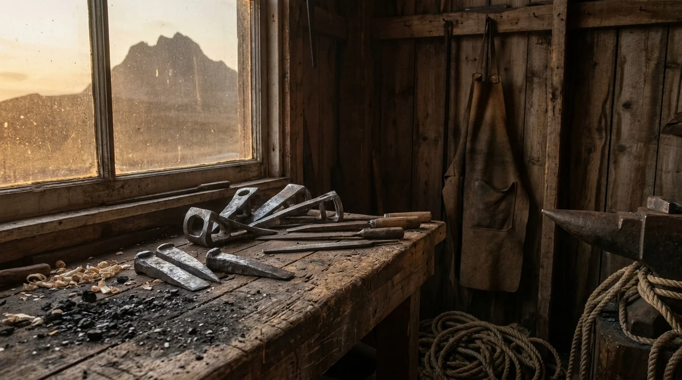 Officina di un fabbro con incudine, cunei metallici e corde da arrampicata alla luce del tramonto