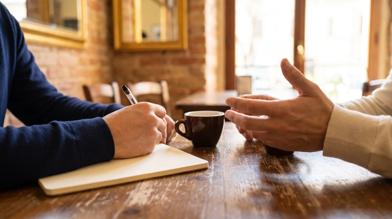 Due persone a un tavolo durante un incontro di lavoro, con un taccuino e due caffè