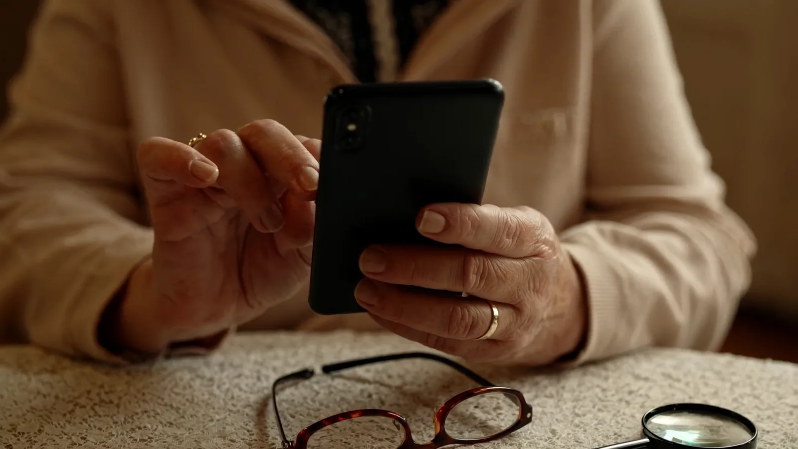 Mani di una persona anziana che tengono uno smartphone, con occhiali e lente sul tavolo