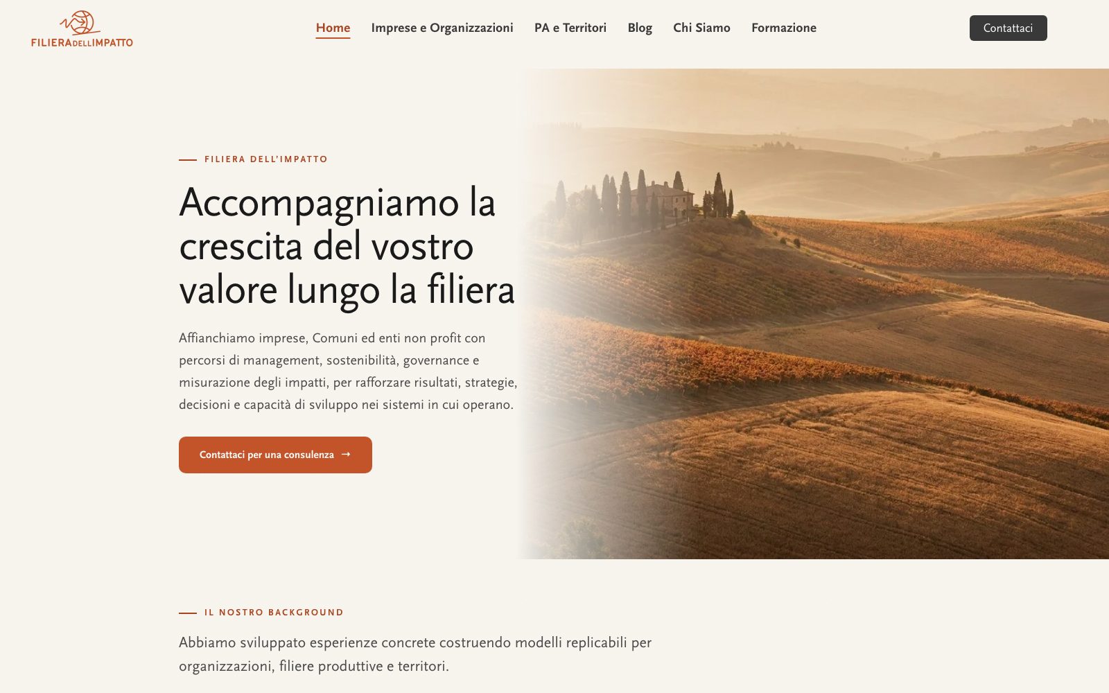Il sito di Filiera dell'Impatto: la home da computer