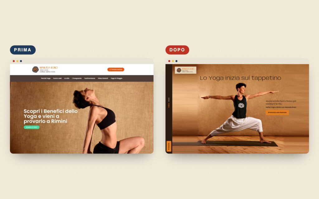 Prima e dopo del sito di Manuela Ronci, insegnante di yoga a Rimini