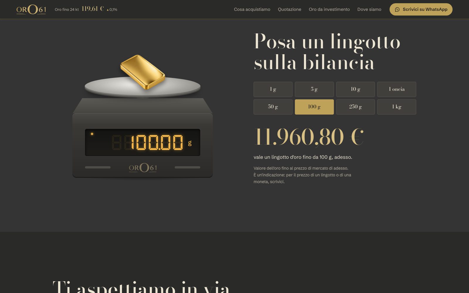 La bilancia del sito di Oro 61 con un lingotto da 100 grammi