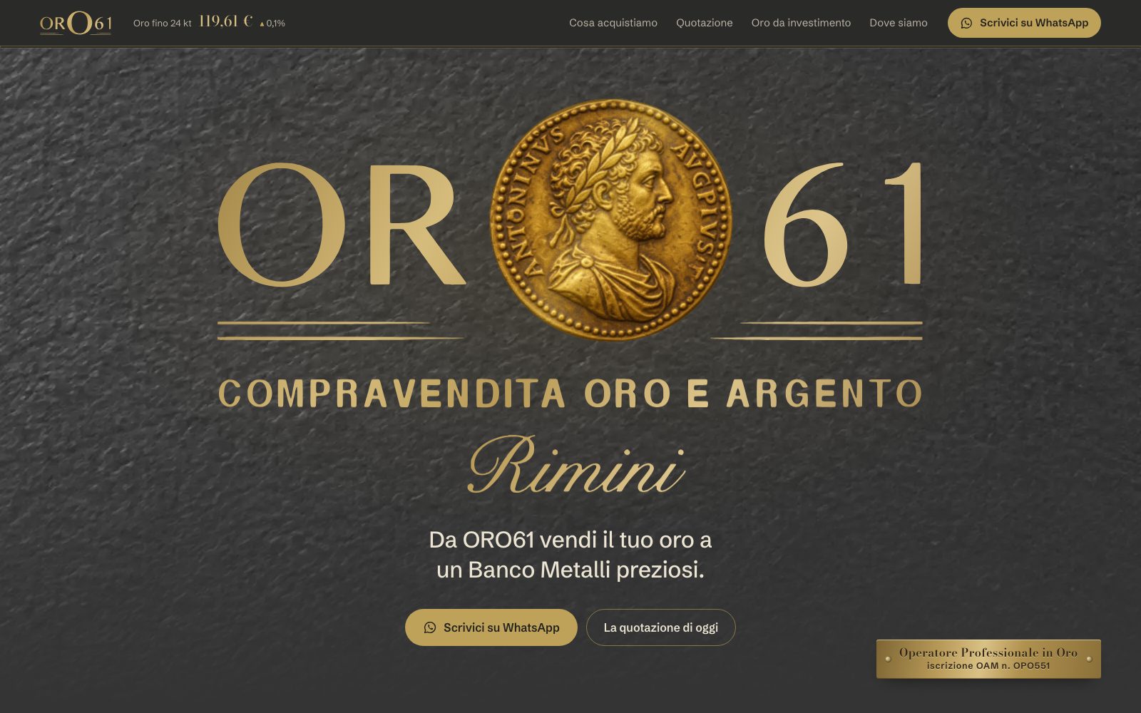 Il sito di Oro 61 da computer: la testata con l'aureo romano al posto della O