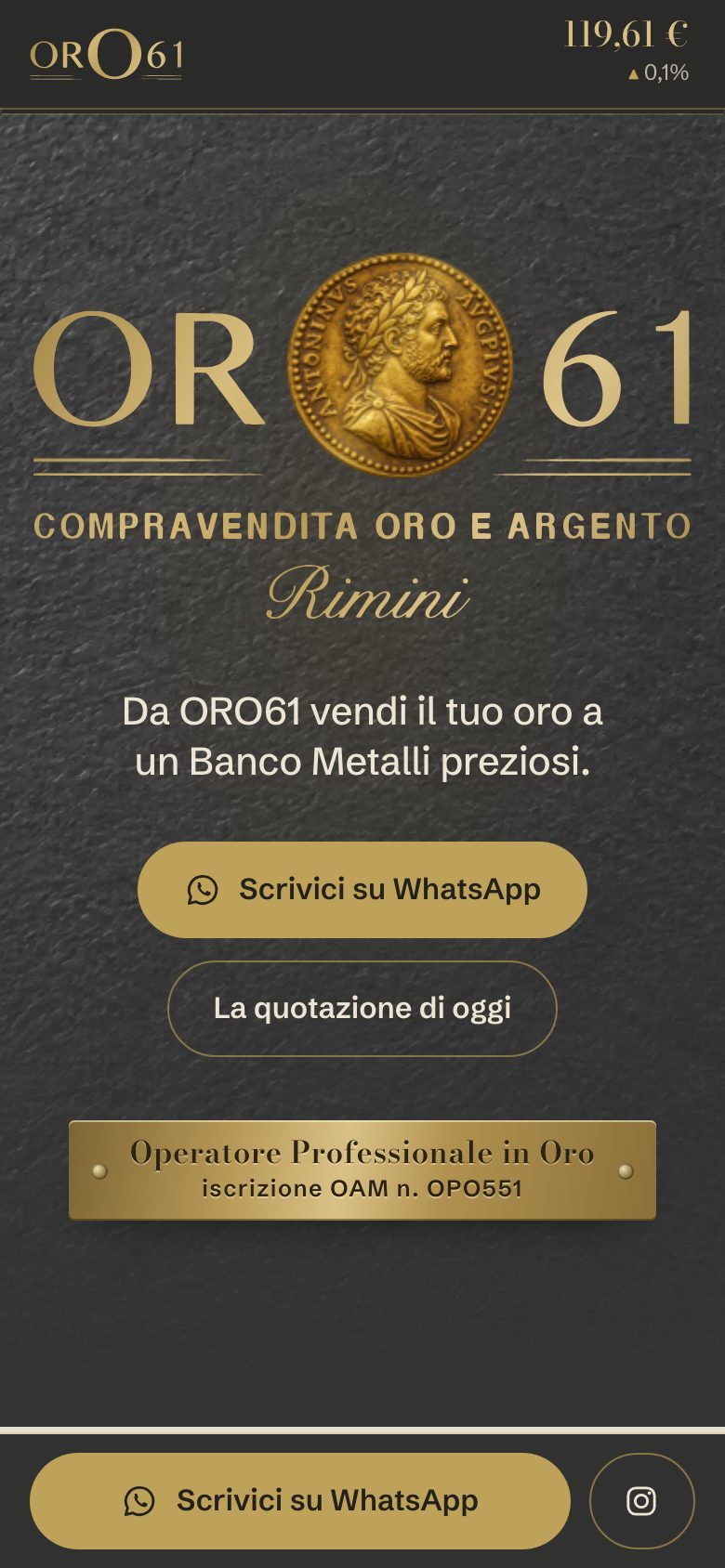 Il sito di Oro 61 da telefono: la testata e i pulsanti WhatsApp e Instagram