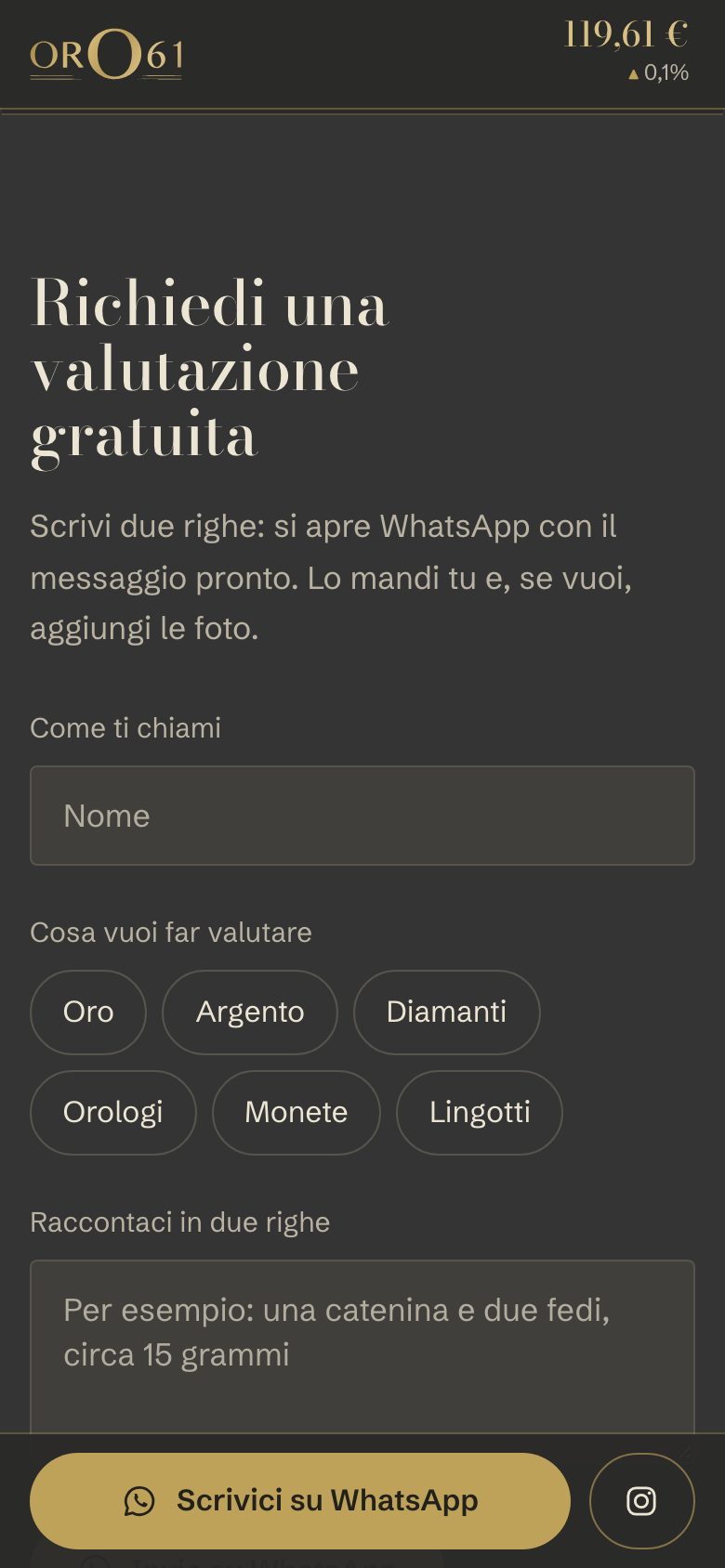 Il modulo di valutazione di Oro 61 che scrive il messaggio WhatsApp
