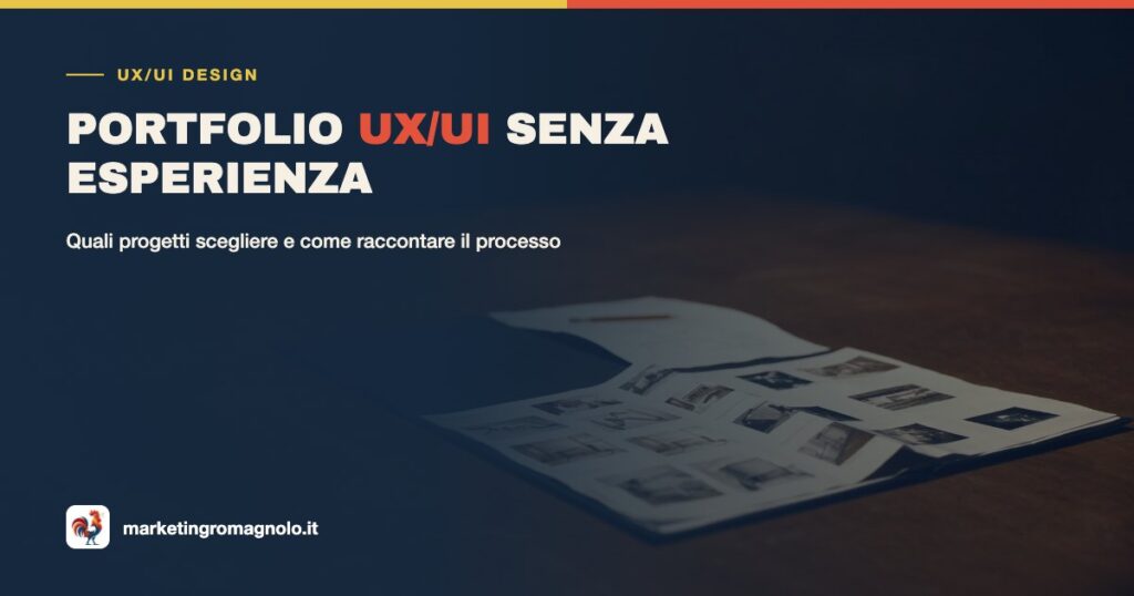 Cartella portfolio aperta con pagine stampate e schizzi su un tavolo di legno