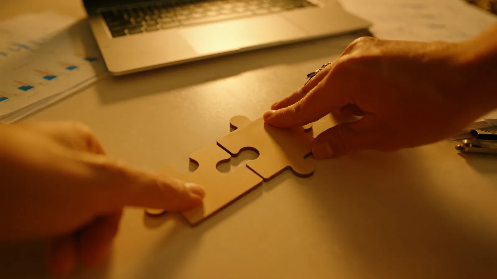 Due mani che incastrano due pezzi di puzzle accanto a un portatile